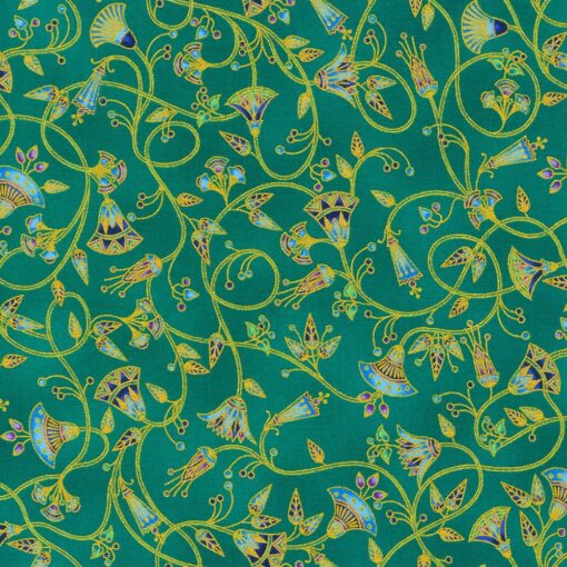 Robert Kaufman - Ancient Beauty - Trailing Vines - Floral Geometric - Jade Green Multi - Gold Metallic - 22115 51