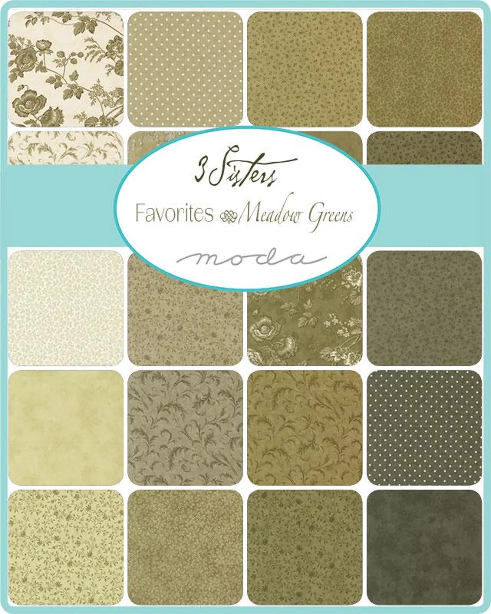Moda Fabrics - 3 Sisters Vintage Linens - Meadow Greens - Pre-cuts - Charm Pack - Green Multi - Image 2