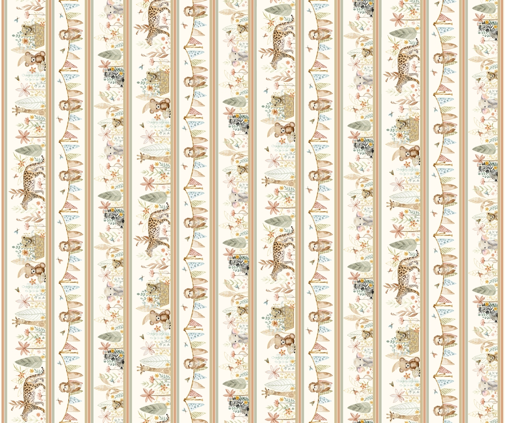 P & B Textiles - Mini Menagerie - Scenic Jungle Stripe - White Multi - Animals - MMEN 6116 MU