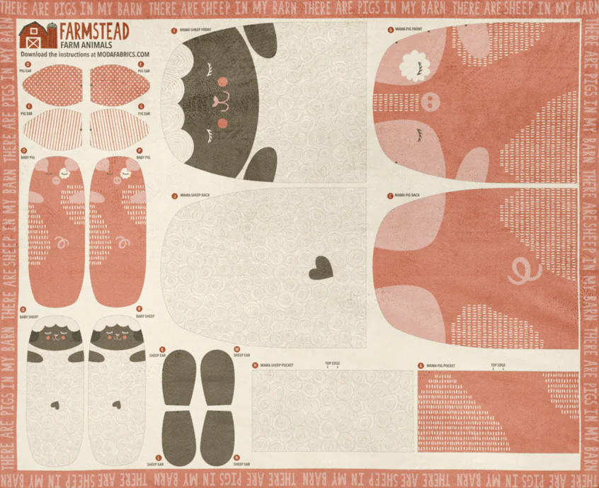 Moda Fabrics - Cuddle Farmstead by Stacy Iest Hsu - Panel - Sheep and Pigs Soft Plushy Toys - White Multi - 20943