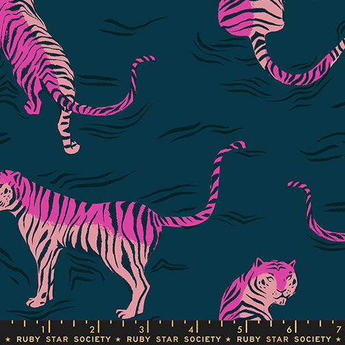 Winbourne Fabrics - Poolside Too - Dressmaking - Tigers on Navy - Blue Pink - Rayon - 5206 13R