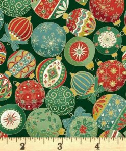 Makower - Adorn - Christmas Baubles - Multi-colours on Green - Metallic - Green - Adorn - G