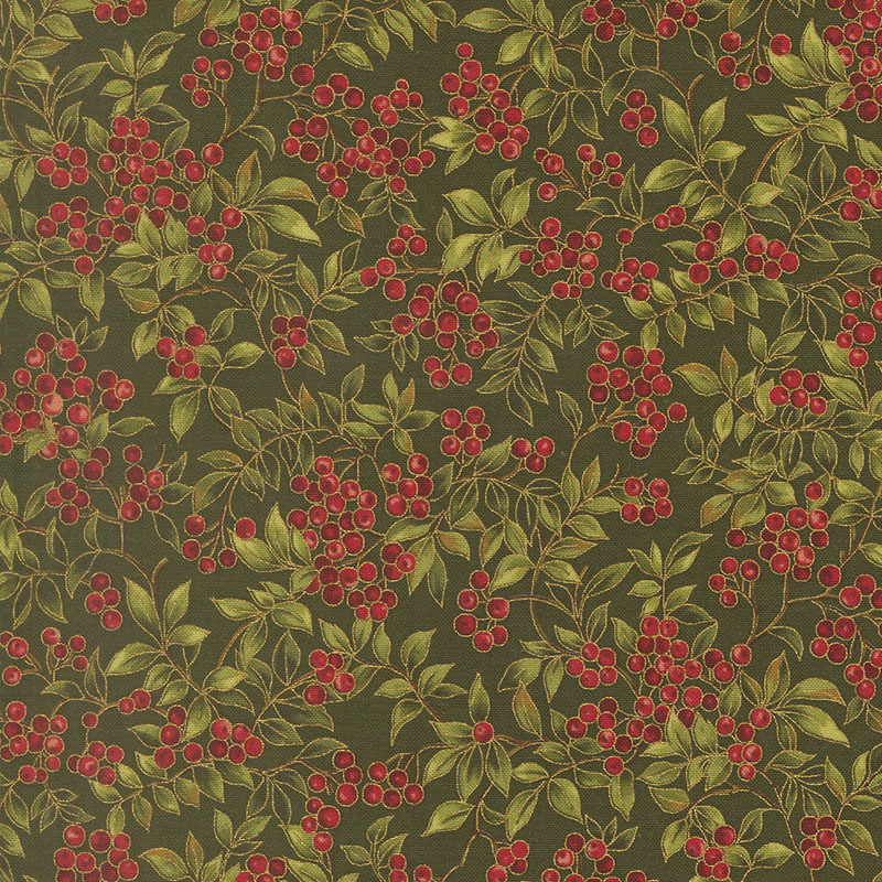 Moda Fabrics - Merry Manor Metallic - Christmas 2026 - Berries and Foliage - Evergreen - Green Multi - Gold Metallic - 33862 13M