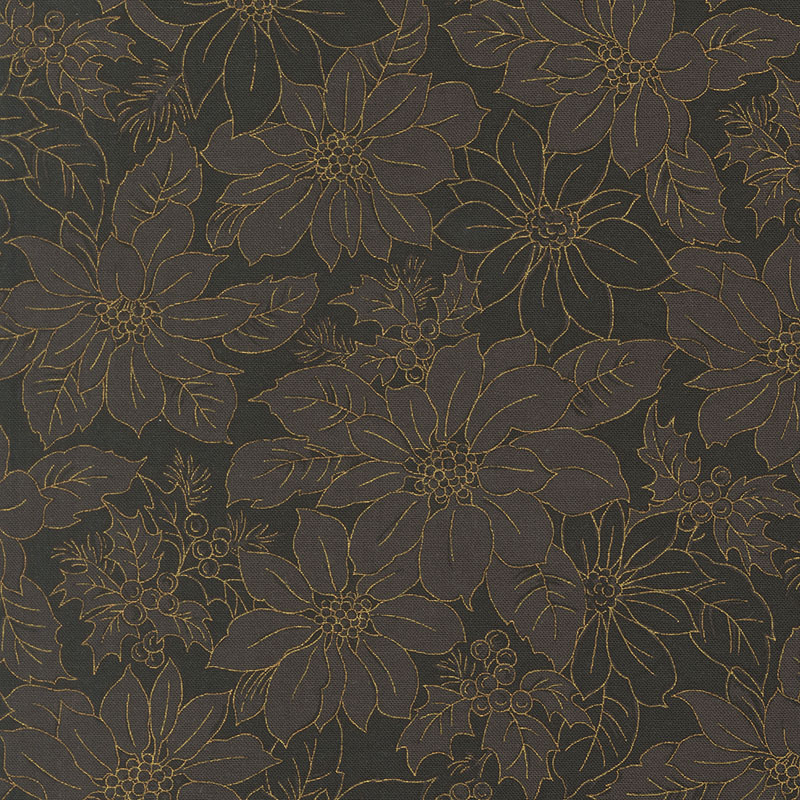 Moda Fabrics - Merry Manor Metallic - Christmas 2026 - Poinsettia Flowers - Ebony - Black - Gold Metallic - 33862 14M