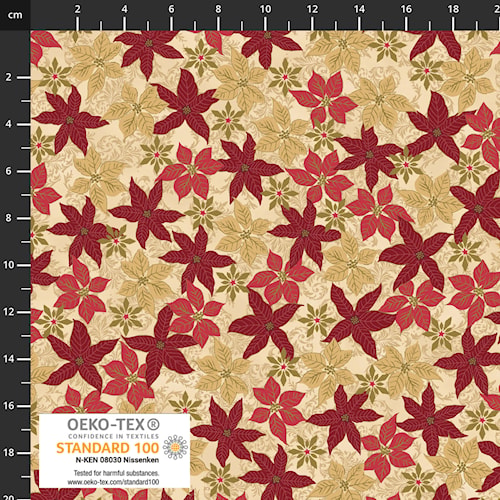 Stof Fabrics - Christmas - Snow Crystals - Poinsettia - Beige Red Gold - 4593 202