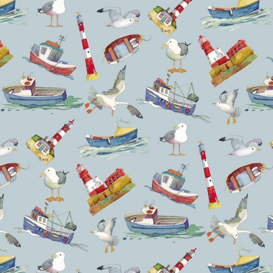 Nutex Fabrics - Coastal by Emma Ball - Lighthouses - Blue Multi - 82290 102