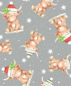 Nutex Fabrics - Highlands and Robins - Highland Cow - Mid Grey Multi - Scattered Cows - Christmas - 82360 101