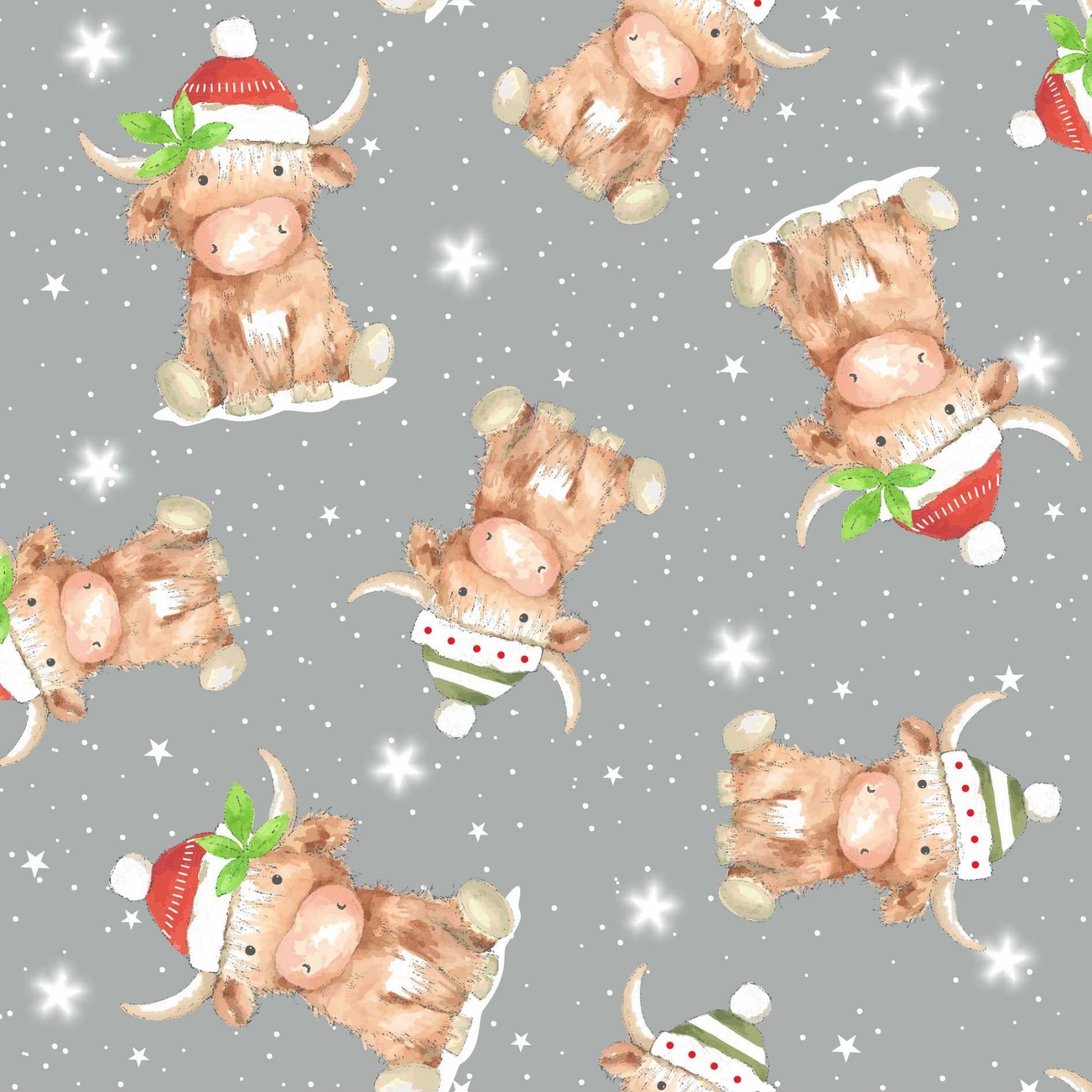 Nutex Fabrics - Highlands and Robins - Highland Cow - Mid Grey Multi - Scattered Cows - Christmas - 82360 101