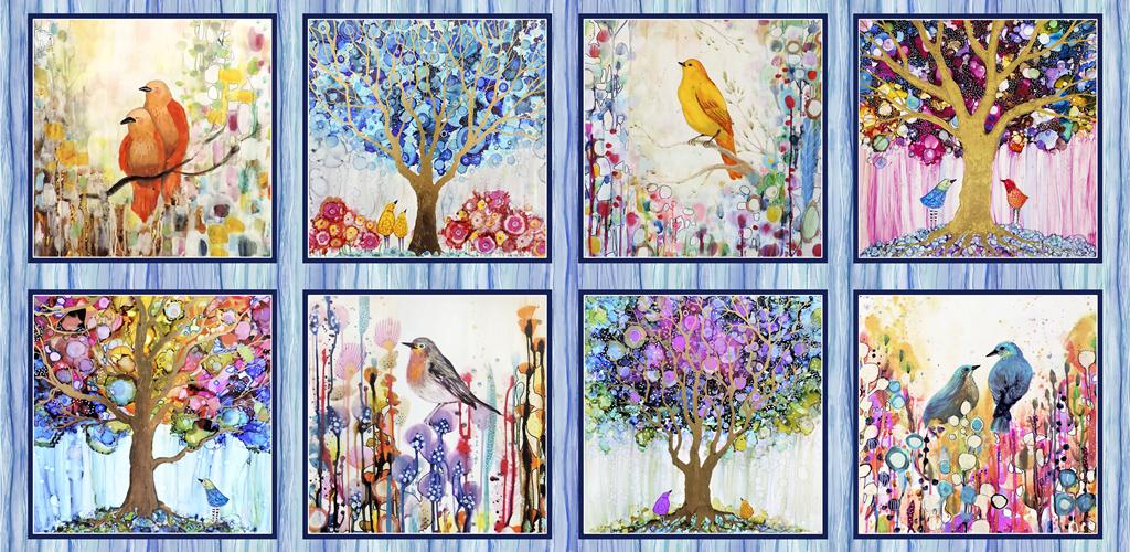 P & B Fabrics - Tree of Life - Small Panel - Painted Nature Blocks - Blue Multi - Trees and Birds 06377